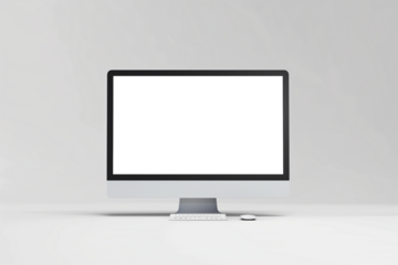 Realistic computer mockup on gray background with realistic shadow. Computer with transparent screen, silver design.