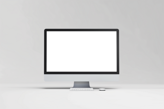 Realistic computer mockup on gray background with realistic shadow. Computer with transparent screen, silver design.