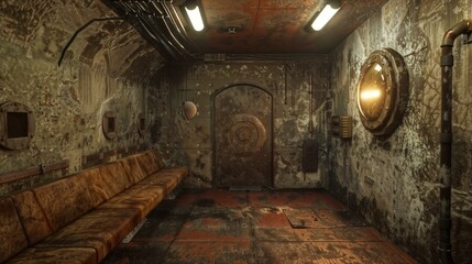dark interior of an old and abandoned bunker with oxidized metal walls, lights and a weathered sofa apocalyptic scenario for a war or zombie story