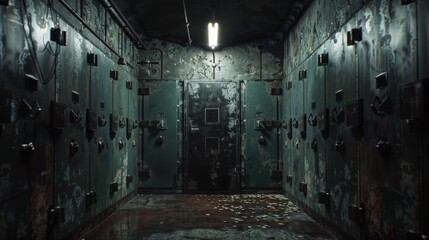 Dimly lit, abandoned industrial hallway with decayed walls, rusted metal doors, and scattered debris on the floor. The eerie setting evokes mystery and desolation in a torture chamber or bunker