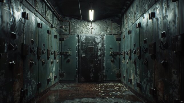 Dimly lit, abandoned industrial hallway with decayed walls, rusted metal doors, and scattered debris on the floor. The eerie setting evokes mystery and desolation in a torture chamber or bunker