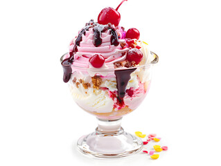 Delicious ice cream sundae, isolated, white background