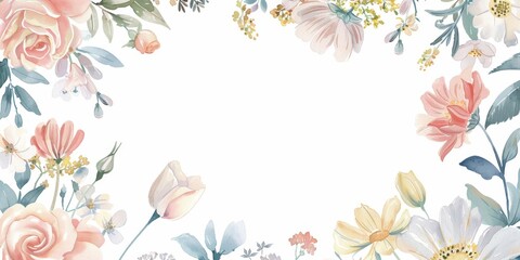 Obraz premium pastel watercolor illustration featuring a floral border with soft roses and wildflowers. Ideal for wedding invitations, greeting cards, and decorative projects.