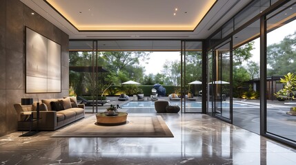  A cozy lunch room with elegant furnishings and a beautiful view of a well-manicured lawn through floor-to-ceiling windows

