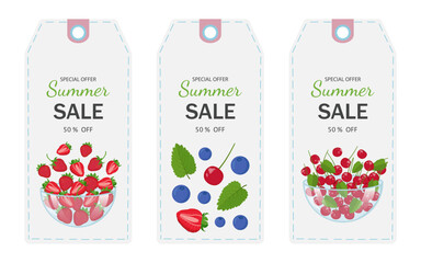 Set of tags with blue dotted line and text summer sale. Price tags for the product on a transparent and white background. Red cherries and strawberries in a glass vase. Wild berries coupon. Vector.