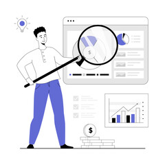 Digital business concept. Man analyze virtual data. Management, planning, strategy development online. Vector illustration with line people for web design.