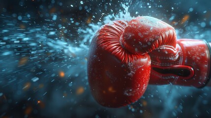 Obraz premium Red boxing gloves illuminated with an atmospheric blue glow and sparks, depicting intensity and action in sports