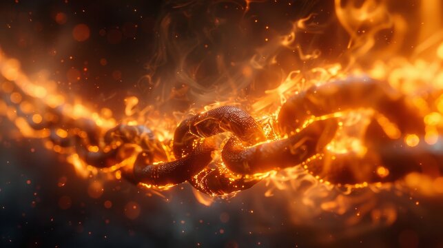 A single chain link in the center highlighted by fire and sparks, illustrating connection and resistance