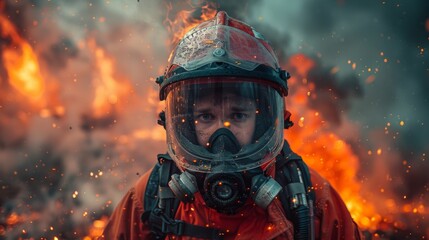 A used firefighter helmet with a smoky, fiery scene suggests recent firefighting action