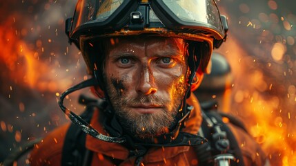 Close-up of a firefighter with a helmet and protective gear amidst a backdrop of fire and sparks