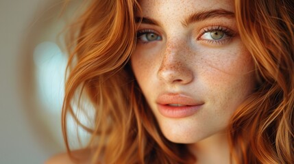 Naklejka premium A vibrant portrait of a red-haired woman with striking freckles