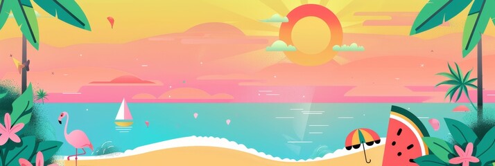 Fototapeta premium vivid and cheerful beach scene at sunset featuring a flamingo, a sailboat, and lush tropical foliage, creating a perfect summer vacation vibe.
