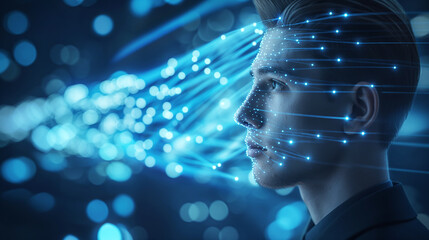 Man is holding a blue screen with a face on it. Concept of technology, as the man is interacting with the digital face. European business male model in total perspective acting in front of holographic