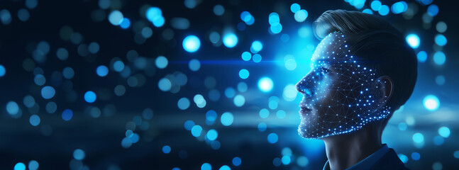 Man is holding a blue screen with a face on it. Concept of technology, as the man is interacting with the digital face. European business male model in total perspective acting in front of holographic