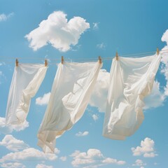 Clean clothes hanging on washing line against sky. Drying laundry