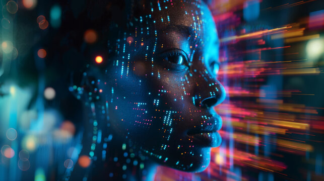 Woman's face is projected onto a screen with a colorful background. Futuristic technology. Hologram of the black woman face composed of vibrant digital pixels against the glowing digital data streams