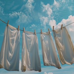 Clean clothes hanging on washing line against sky. Drying laundry