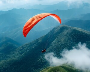 Paraglider Soaring High Above Majestic Mountain Landscapes Amid Natural Serenity and Exhilarating Freedom