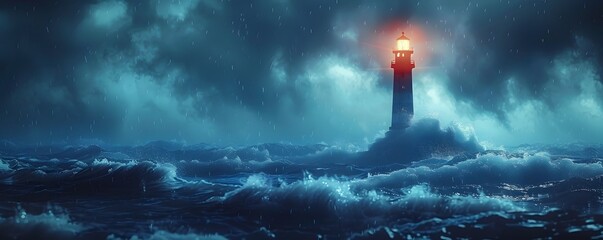 Lighthouse guiding ships through a tumultuous stormy night a beacon of safety on the raging sea