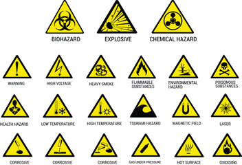 Set of warning signs vector. Biohazard,chemical weapon,high voltage symbol.Caution icons on yellow triangle