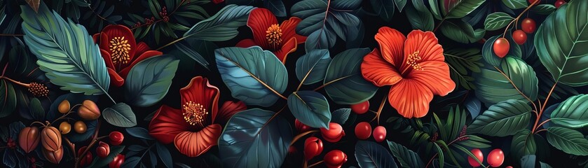 Botanical essence with detailed plants, vibrant colors, realistic illustration