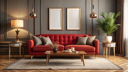 red sofa, retro wooden table, mock up poster frame, decoration , carpet and personal accessories in elegant home decor