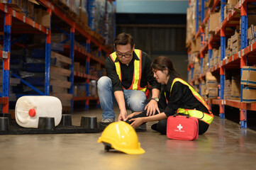 First aid support accident at work of worker at factory. Male worker has an accident on the floor in warehouse site