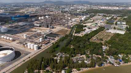 Aerial view oil and gas chemical tank with oil refinery plant business and industry power energy chemical barrel. for Transportation in Thailand