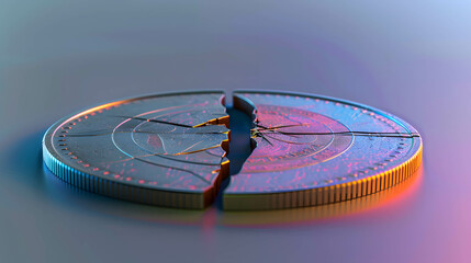 Obraz premium The collapse of the currency or fiat system, cashless society, using digital currency, the popularity of holding money or assets is decreasing, the broken coin