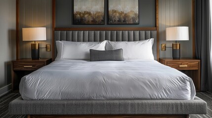 King bed with gray and white sheets flanked by wooden bedside tables with chic NYC style lamps