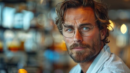 Fototapeta premium Intellectual man with glasses in contemplation at a bar setting