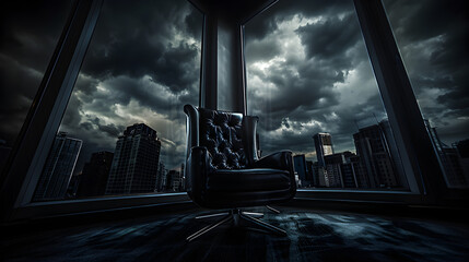 Shot of a dark evil bosses' armchair, in his office, a cityscape through the window and dark clouds.