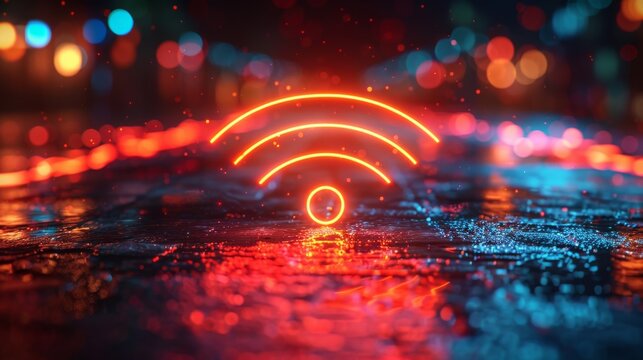 Rainy urban scene with a red neon Wi-Fi signal reflected on the damp ground, symbolizing urban connectivity - Powered by Adobe