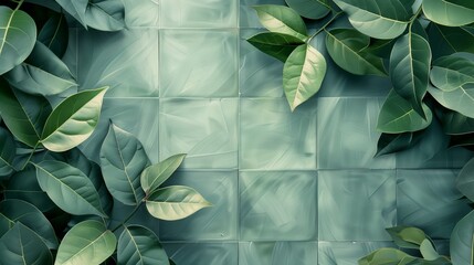 Lush Green Leaves on Artistic Tile Background, Nature-Inspired Design, Fresh Foliage, Botanical Pattern, Eco-Friendly Decor, Natural Elements, Greenery, Leafy Texture, Organic Aesthetic, Tranquil