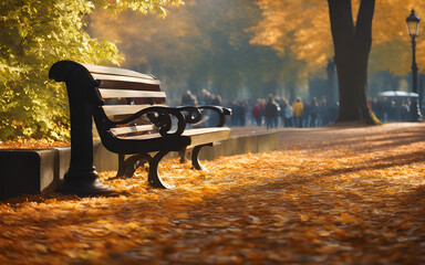 Empty park bench in autumn, person walking away in background, concept of loneliness and reflection - Powered by Adobe