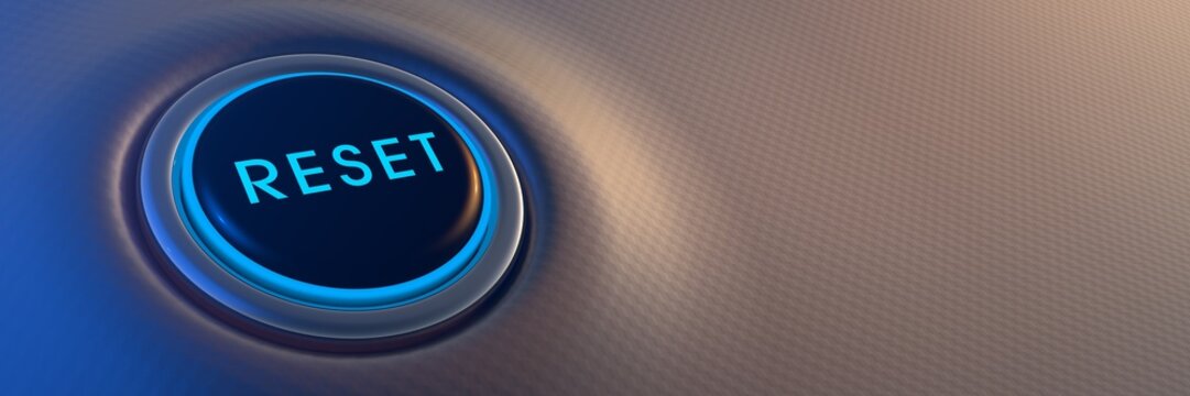 blue glowing reset button on metallic background, "RESET" banner background, 3D rendering