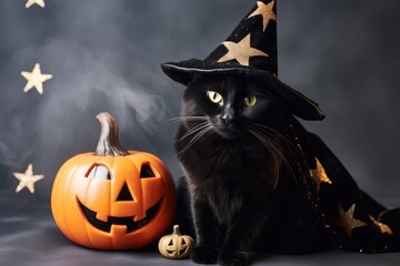 Fluffy black cat in a witch's hat and cloak sits on a wooden table with Halloween pumpkins on a dark background with stars, in a studio shot, in the style of a Halloween concept, Copy space.