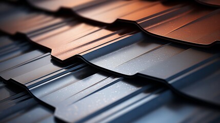 Close-Up of Modern Metal Roof Shingles with Rain Droplets, Highlighting Textures and Colors in a Contemporary Architectural Design