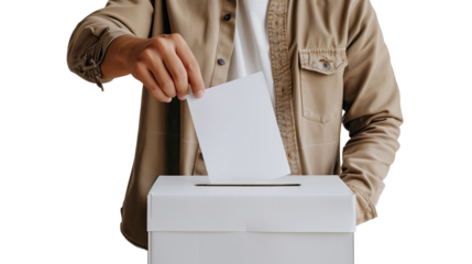 Man inserts a ballot on a transparent background