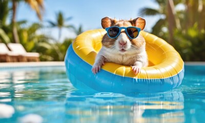 Summer vibes with a funny hamster on a yellow inflatable ring in a pool, wearing sunglasses . Close-up with copy space, ideal for vacation and summer holiday themes.