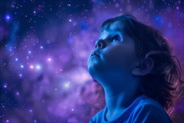 emotion wonder deep purple background A child looking up at the night sky on a deep purple background, free space for text