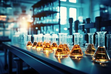 Laboratory glassware with liquids of different colors Chemical research - a number of chemical formulas are being developed in the laboratory for the research of new products