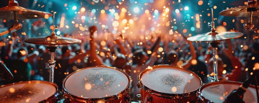 Olympic Cheer with Drum Line Focus on a drum line playing energetic beats, with a crowd cheering in the background, empty space center for text