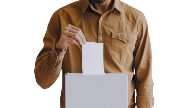 Man inserts a ballot on a transparent background