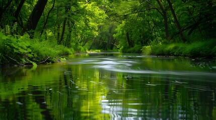 A peaceful river flowing through a dense forest, the water reflecting the green canopy above and creating a tranquil, mirror-like effect. 