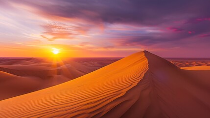 A peaceful sunset over a vast desert, the sand dunes casting long shadows and the sky painted in shades of orange, pink, and purple. 32k, full ultra HD, high resolution