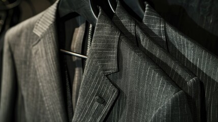 Men s suit with two gray striped pants black hanger background