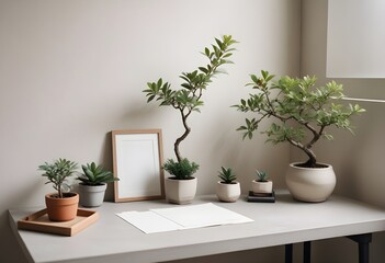 Clean Aesthetic Minimalist style table, desk with decorations	
