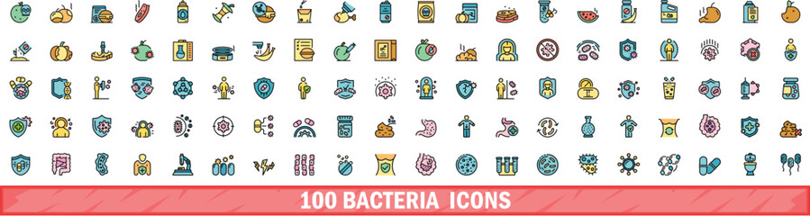 100 bacteria icons set. Color line set of bacteria vector icons thin line color flat on white