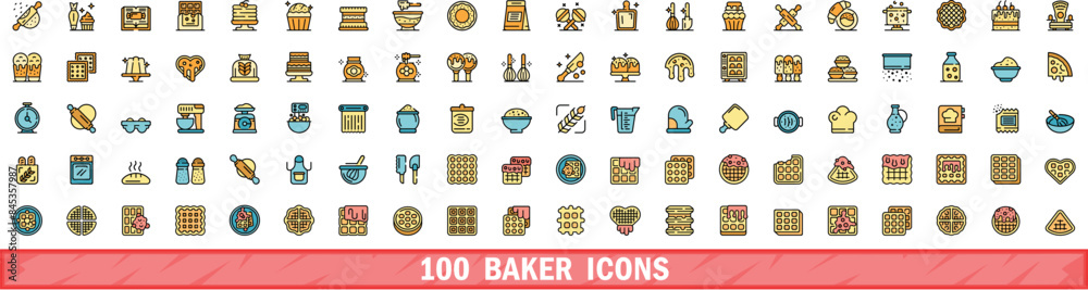 Wall mural 100 baker icons set. color line set of baker vector icons thin line color flat on white